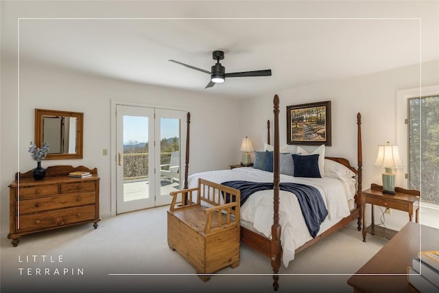 bedroom with a ceiling fan, carpet flooring, and access to outside