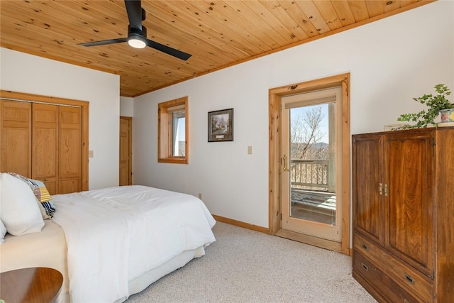 bedroom with access to exterior, ceiling fan, baseboards, light carpet, and wooden ceiling