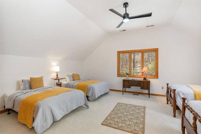 bedroom featuring vaulted ceiling, baseboards, visible vents, and ceiling fan