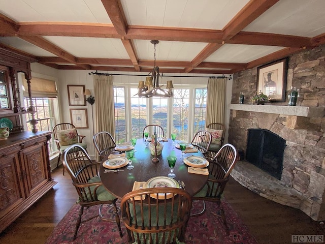 dining space with coffered ceiling, dark hardwood / wood-style flooring, beam ceiling, and a stone fireplace