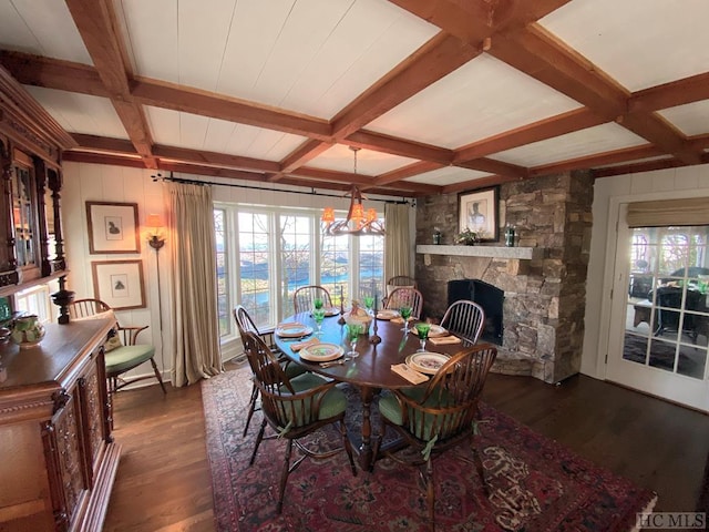 dining space with beamed ceiling, a fireplace, coffered ceiling, and dark hardwood / wood-style flooring