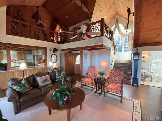 living room with high vaulted ceiling, wood-type flooring, wooden ceiling, and ceiling fan