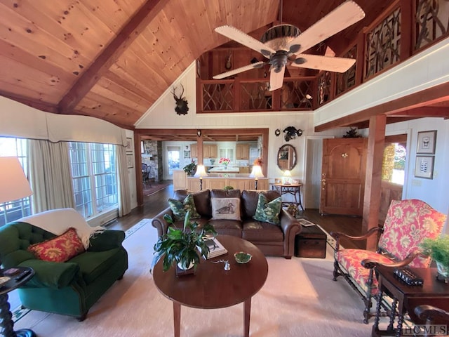 living room featuring beamed ceiling, wood-type flooring, high vaulted ceiling, and wooden ceiling