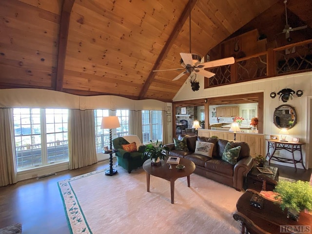 living room featuring wood ceiling, ceiling fan, high vaulted ceiling, and beamed ceiling