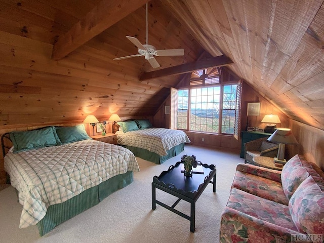 carpeted bedroom featuring lofted ceiling with beams, wooden ceiling, ceiling fan, and wood walls