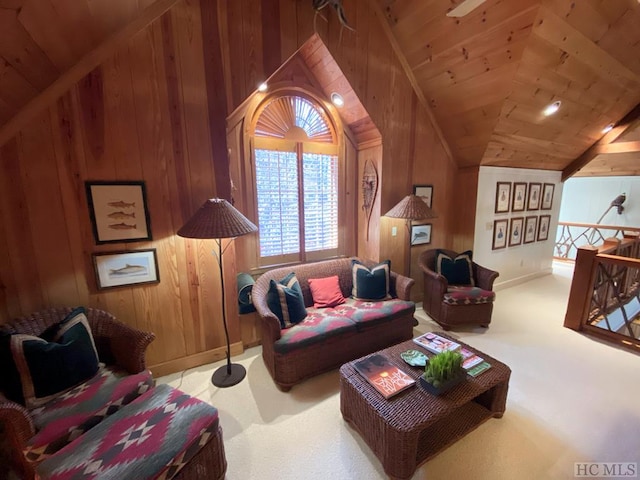 carpeted living room with lofted ceiling, wooden ceiling, and wood walls