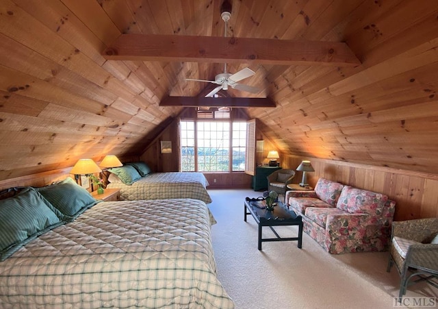 bedroom with lofted ceiling with beams, carpet, wooden ceiling, and wooden walls