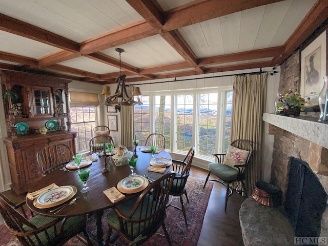 dining area featuring a stone fireplace, a chandelier, dark hardwood / wood-style flooring, coffered ceiling, and beam ceiling