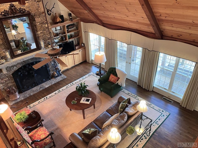 unfurnished living room featuring plenty of natural light, dark hardwood / wood-style floors, lofted ceiling with beams, and wooden ceiling