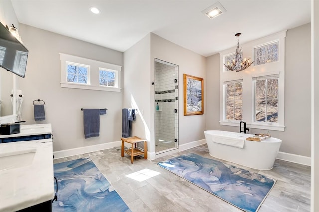 1132 Southshore Dr, Tuckasegee, NC 28783 - full bathroom featuring a stall shower, a freestanding bath, baseboards, and double vanity