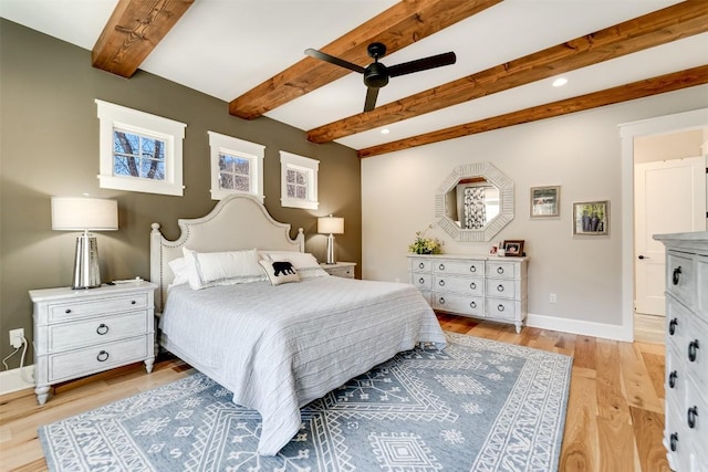1132 Southshore Dr, Tuckasegee, NC 28783 - bedroom featuring beam ceiling, recessed lighting, a ceiling fan, light wood-type flooring, and baseboards