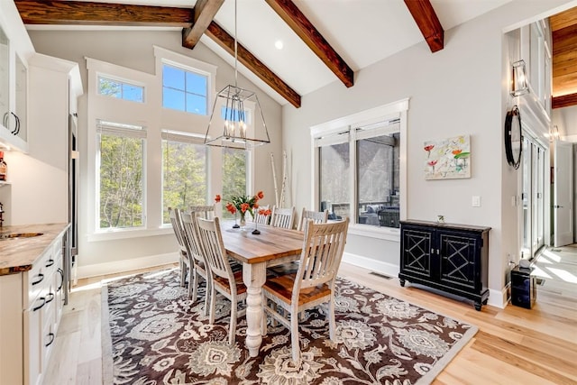 1132 Southshore Dr, Tuckasegee, NC 28783 - dining area with beam ceiling, a chandelier, light wood-style flooring, high vaulted ceiling, and baseboards