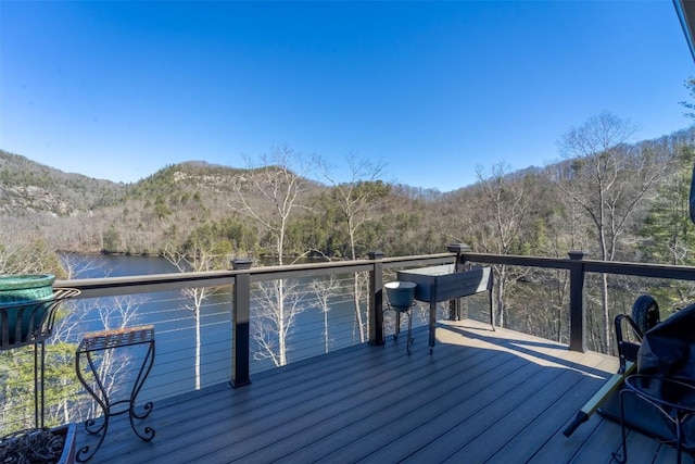 1132 Southshore Dr, Tuckasegee, NC 28783 - wooden terrace featuring a water and mountain view and a view of trees