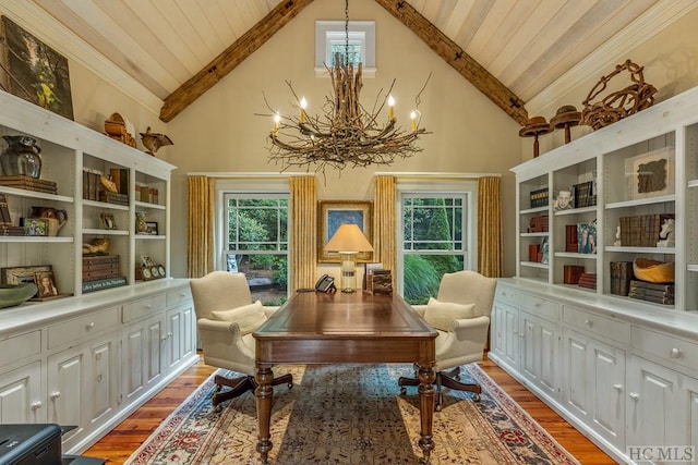 office with an inviting chandelier, light wood-type flooring, high vaulted ceiling, and beam ceiling