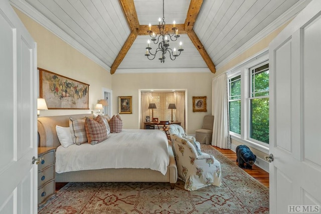 bedroom featuring a chandelier, beamed ceiling, light hardwood / wood-style flooring, and wooden ceiling