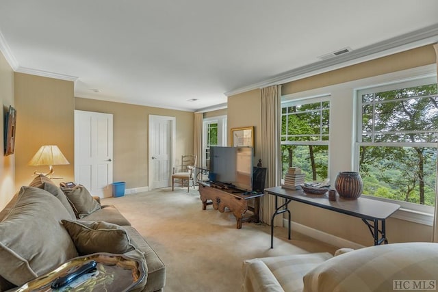 carpeted living room with ornamental molding