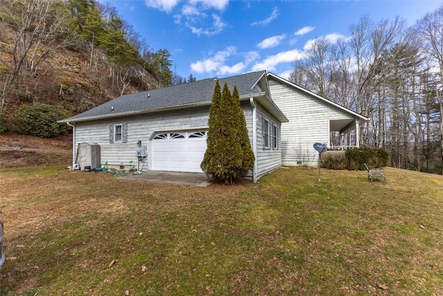 view of property exterior with crawl space, roof with shingles, and a lawn