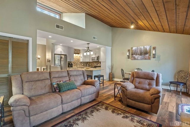 living room featuring high vaulted ceiling, wooden ceiling, and light hardwood / wood-style floors