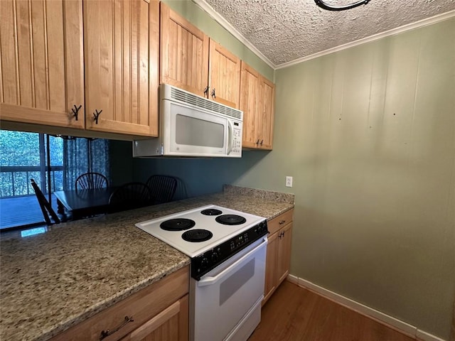 kitchen featuring dark hardwood / wood-style floors, white appliances, crown molding, light brown cabinets, and a textured ceiling