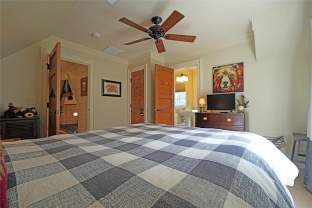 bedroom featuring carpet, a ceiling fan, and vaulted ceiling