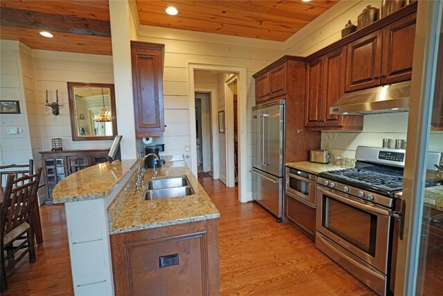 dining area featuring wood finished floors, baseboards, recessed lighting, wood ceiling, and a chandelier