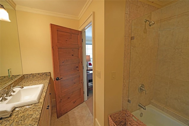 full bathroom featuring ornamental molding, tile patterned floors, bathtub / shower combination, and vanity