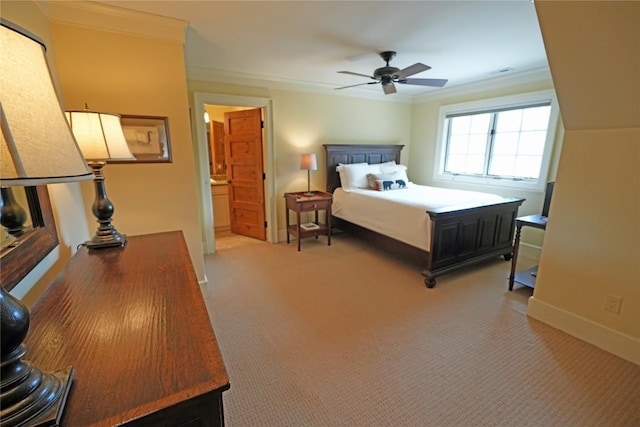 bedroom featuring ornamental molding, light colored carpet, baseboards, and ceiling fan