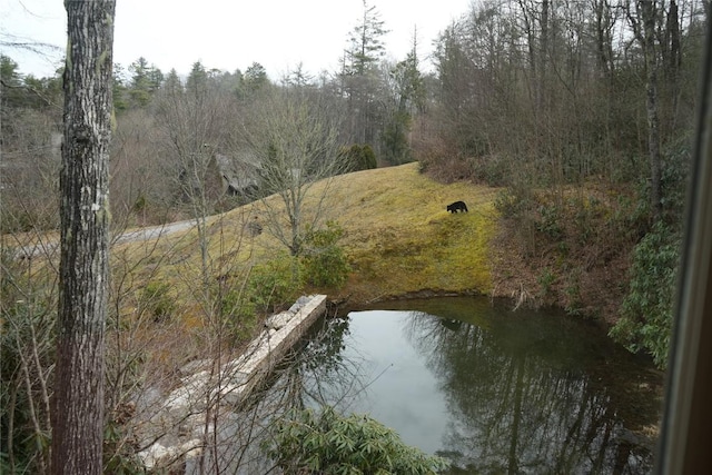 exterior space featuring a wooded view