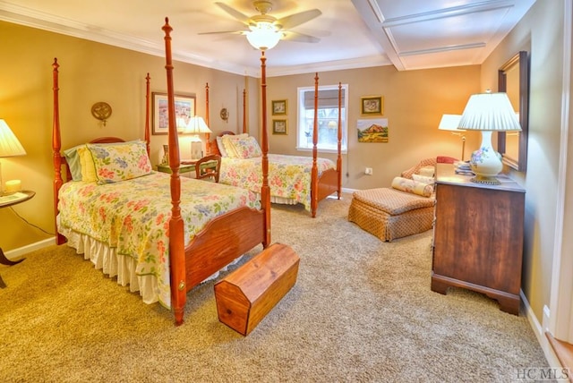 bedroom featuring crown molding, light colored carpet, and ceiling fan