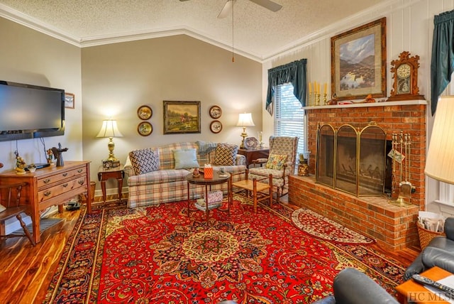 living room with lofted ceiling, ornamental molding, and a textured ceiling