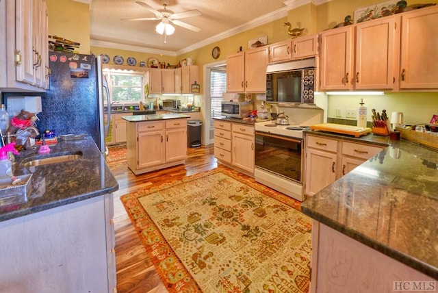 kitchen featuring light brown cabinetry, ornamental molding, stainless steel appliances, and a textured ceiling