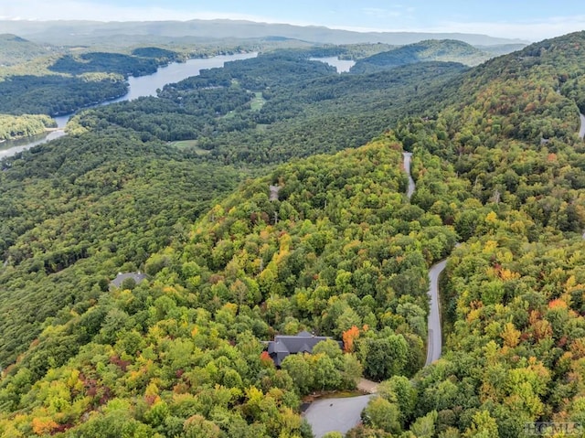 drone / aerial view featuring a water and mountain view