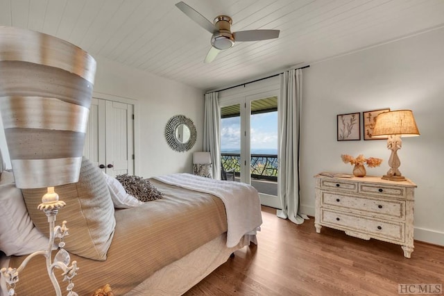 bedroom featuring access to exterior, dark wood-type flooring, wooden ceiling, and ceiling fan