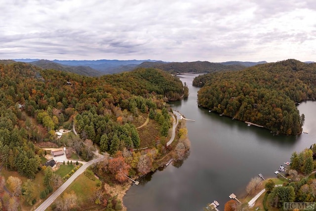 drone / aerial view with a water and mountain view