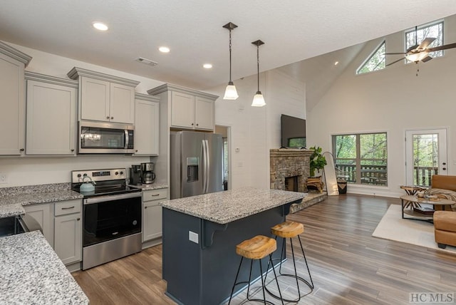 kitchen with light stone counters, gray cabinets, and stainless steel appliances