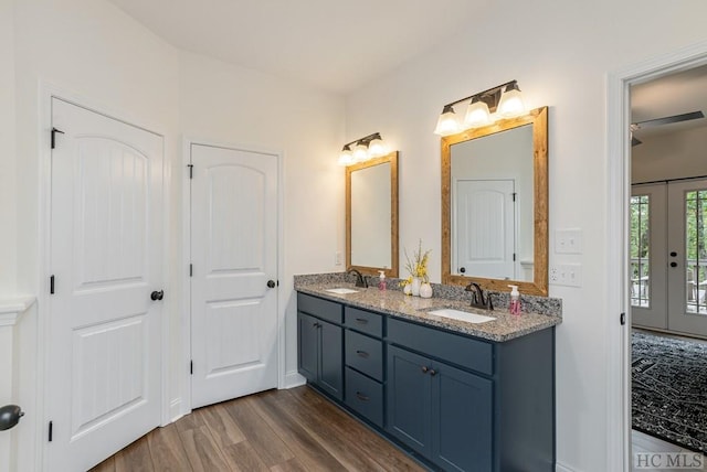 bathroom featuring vanity, hardwood / wood-style flooring, and french doors