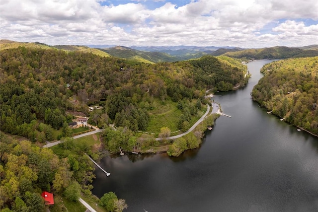 aerial view of property's location featuring a heavily wooded area and a water and mountain view