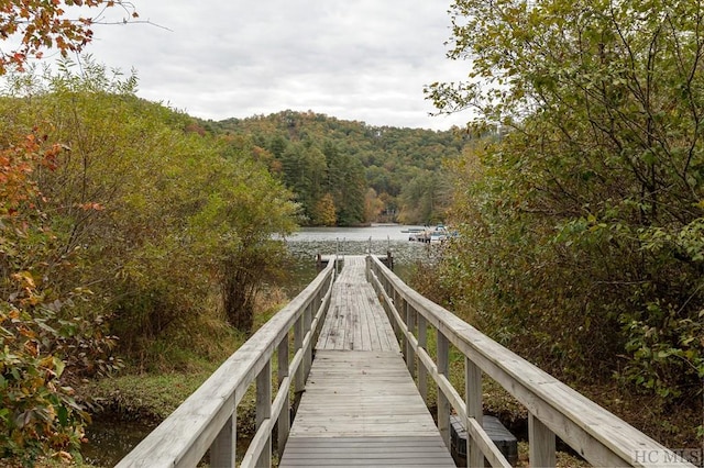 dock area featuring a view of trees and a water view