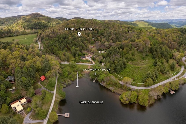 aerial view of property's location with a forest and a water and mountain view