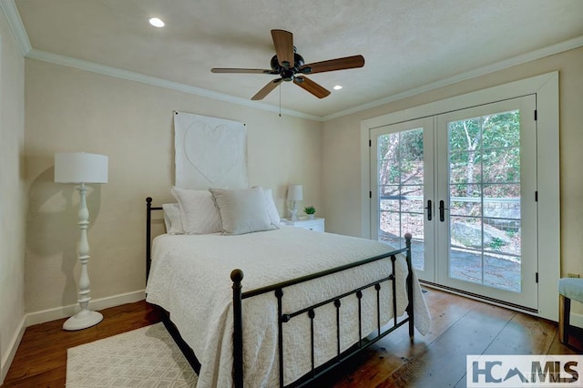 bedroom with access to outside, french doors, wood finished floors, baseboards, and crown molding