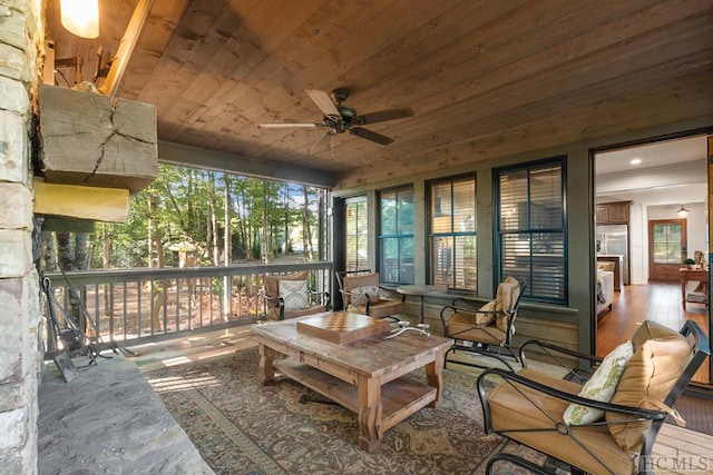 sunroom / solarium featuring ceiling fan and wood ceiling