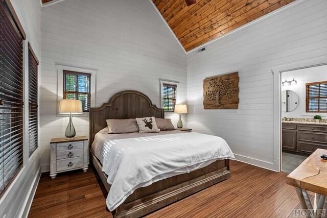 bedroom featuring high vaulted ceiling, wooden ceiling, dark hardwood / wood-style floors, and ensuite bath