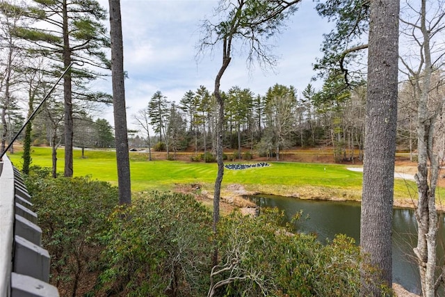 view of home's community with a water view and a yard