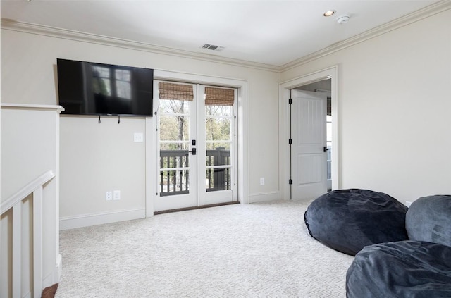 212 Ivorybill Way, Cashiers, NC 28717 - living area with carpet flooring, crown molding, baseboards, and french doors