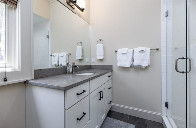 212 Ivorybill Way, Cashiers, NC 28717 - full bathroom featuring vanity, baseboards, and a shower stall