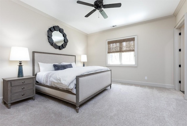 212 Ivorybill Way, Cashiers, NC 28717 - carpeted bedroom featuring baseboards, ornamental molding, a ceiling fan, and visible vents