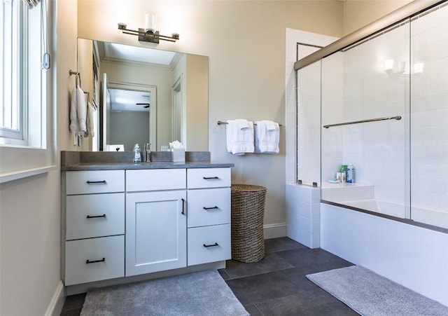 212 Ivorybill Way, Cashiers, NC 28717 - bathroom featuring vanity, ornamental molding, baseboards, and bath / shower combo with glass door