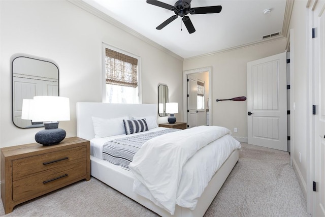 212 Ivorybill Way, Cashiers, NC 28717 - bedroom featuring visible vents, ornamental molding, light carpet, baseboards, and ceiling fan