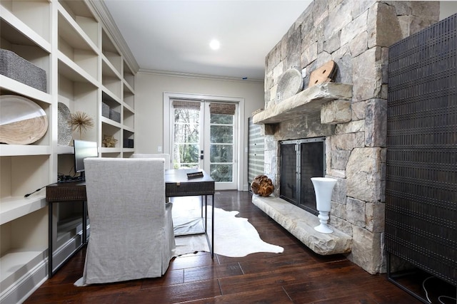 212 Ivorybill Way, Cashiers, NC 28717 - office area featuring a stone fireplace, ornamental molding, and wood finished floors
