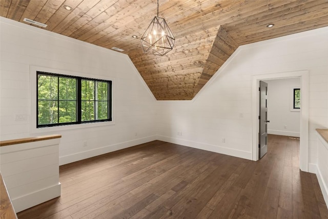 237 Glassy Rock Ln, Glenville, NC 28736 - additional living space with wood ceiling, dark wood-type flooring, a chandelier, and lofted ceiling